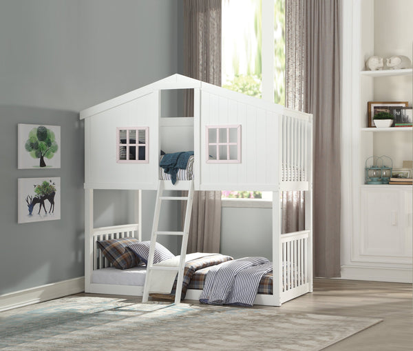 English Elm Rohan Twin-Over-Twin Cottage Bunk Bed in White & Pink – Solid Pine, 660lb Capacity, Playful Doorway Roof B2726S00268