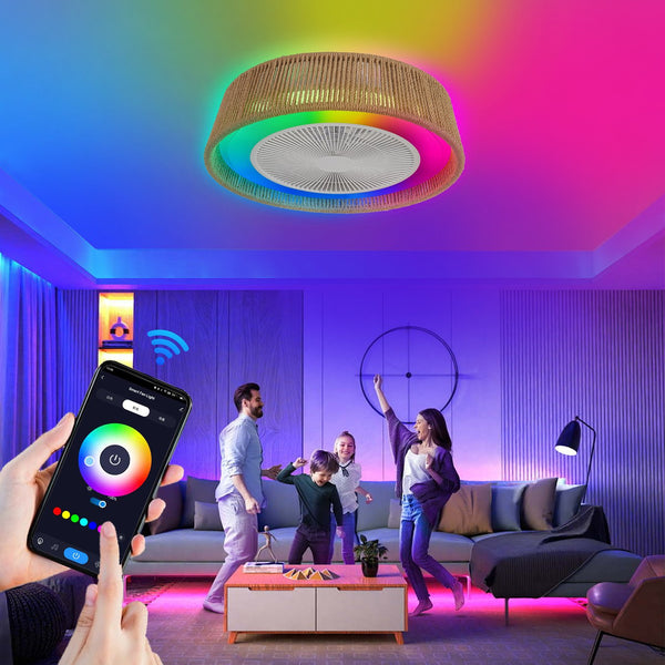 English Elm 21" Modern Rustic Ceiling Fan Light with Rope Woven Shade, LED RGB Dimmable, Quiet DC Motor, Remote Control W1340P246413