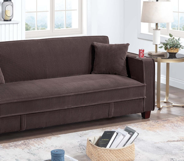 English Elm 1pc Corduroy Convertible Sofa with Storage Base Usb Port Cup Holders Wood Legs Chocolate B011P430417