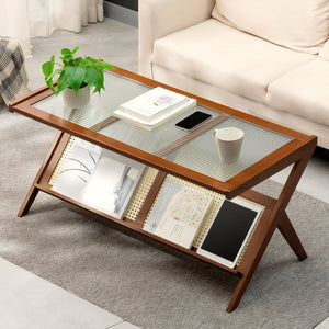 English Elm Rattan Mid Century Bamboo Coffee Table with Tempered Glass Top, Z-Frame Storage Shelf, Brown Finish W3101P314783