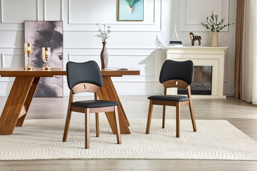 English Elm 2 Solid Walnut Toned Wood Dining Chairs Gray Fabric Seat Hollowed Backrest Modern Black,Walnut W1151P455534