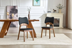 English Elm 2 Solid Walnut Toned Wood Dining Chairs Gray Fabric Seat Hollowed Backrest Modern Black,Walnut W1151P455534