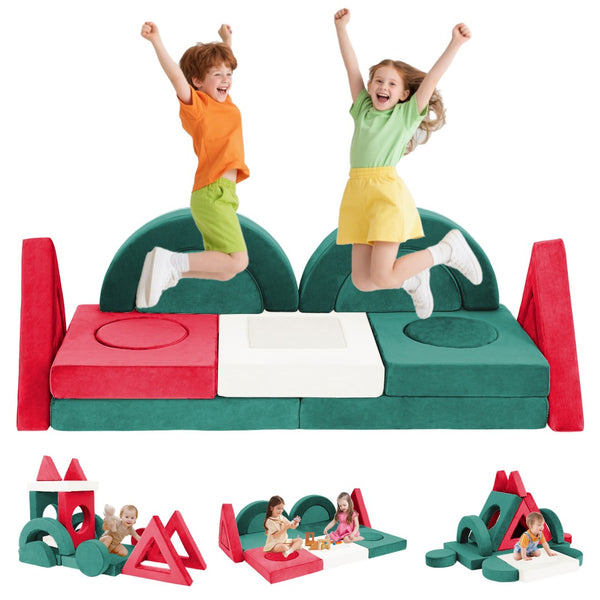 English Elm 16 Piece Modular Foam Play Couch Fort Building Set for Creative Kids Playroom Use Red+Green T5880P493422