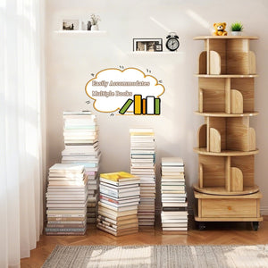 English Elm 5 Tier Rotating Bookshelf Tower with Curved Edges, 360° Smooth Spin, Stable Double-Layer Base, Space-Saving Storage Oak W3204P293695
