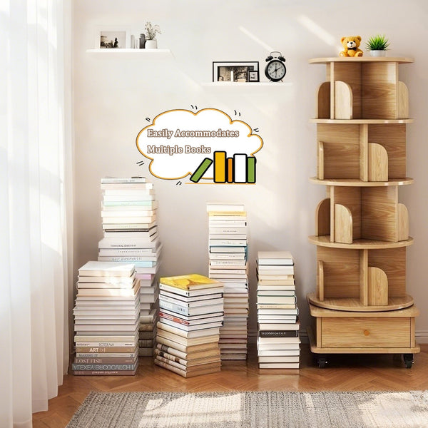 English Elm 5 Tier Rotating Bookshelf Tower with Curved Edges, 360° Smooth Spin, Stable Double-Layer Base, Space-Saving Storage Oak W3204P293695
