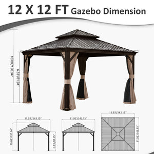 English Elm 12' X 12' Hardtop Gazebo with Drainage System, Dual-Layer Galvanized Roof, Curtains & Mosquito Netting Brown W1859S00138