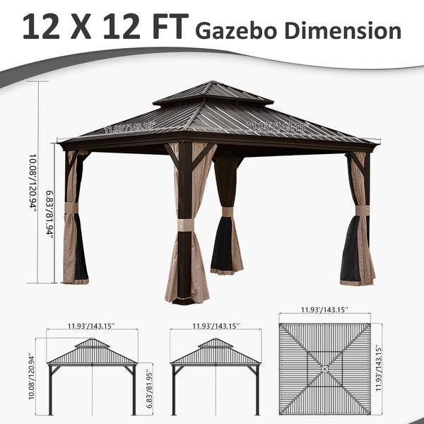 English Elm 12' X 12' Hardtop Gazebo with Drainage System, Dual-Layer Galvanized Roof, Curtains & Mosquito Netting Brown W1859S00138
