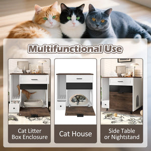 English Elm Cat Hidden Litter Box Furniture with 2 Drawers & Door, MDF Cat House End Table for Living Room, White/Brown N704P287849D