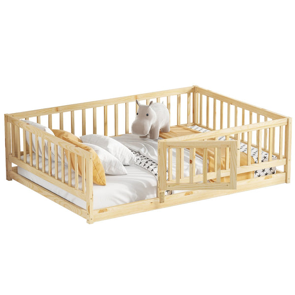 English Elm Full Montessori Floor Bed with Fence and Door, Natural Pine Slatted Full Size Bed, 300lb Capacity, Easy Assemble Oak W1820P369889
