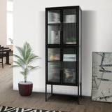 English Elm Stylish 4-Door Tempered Glass Cabinet With 4 Glass Doors Adjustable Shelves U-Shaped Leg Anti-Tip Dust-Free Fluted Glass Kitchen Credenza Black