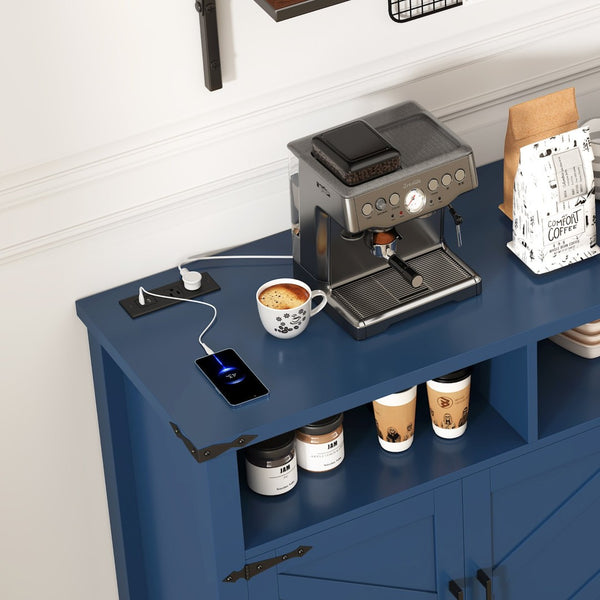 English Elm U_style 59 Inch Sideboard Buffet with Built in Power Outlets Open Cubbies Metal Accents Navy Blue N711P347407V