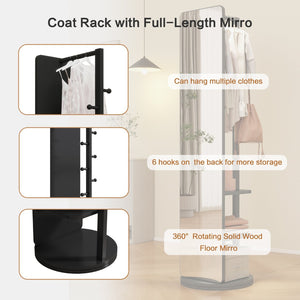 English Elm 360° Swivel Full Length Mirror with Coat Hooks Solid Rubberwood Frame Bedroom Entryway W2987P225480