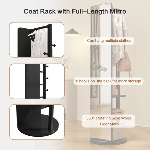 English Elm 360° Swivel Full Length Mirror with Coat Hooks Solid Rubberwood Frame Bedroom Entryway W2987P225480