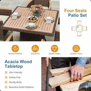 English Elm 1-piece Square Acacia Wood Top Hand-woven Pe Rattan Outdoor Patio Dining Table Brown B082P455162