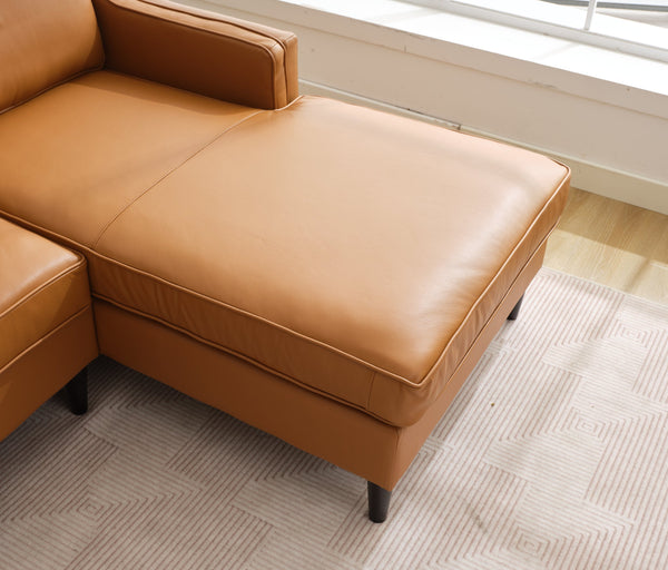 English Elm 94.5-Inch L-Shaped Genuine Leather Sectional Sofa With Right Chaise Lounge - Modern Tan Comfort W791S00021