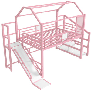 English Elm Full Full House Loft bed with Slide and Stairs, Metal House Play Loft with Storage Shelves and Quiet Design Pink W1580S00351