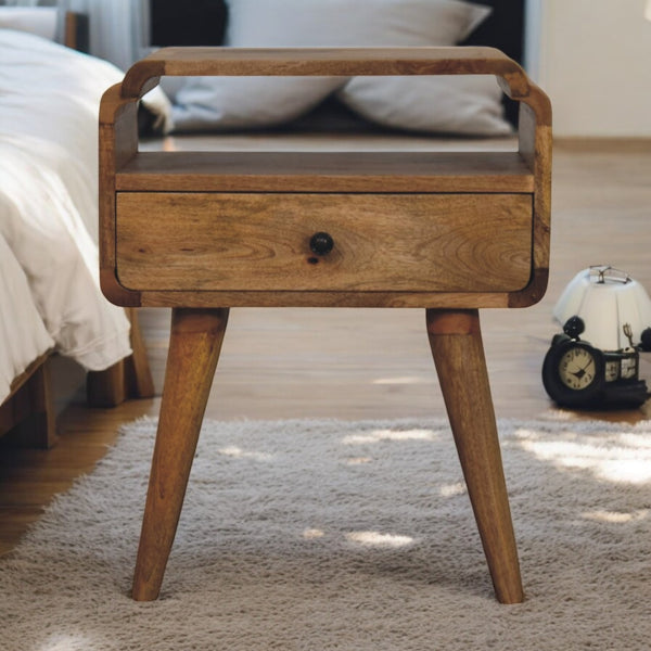 English Elm Newton Oak-ish Nightstand — Solid Mango Wood Bedside Table with Drawer & Shelf, Mid-Century Brass Knob Elegance B182P302626