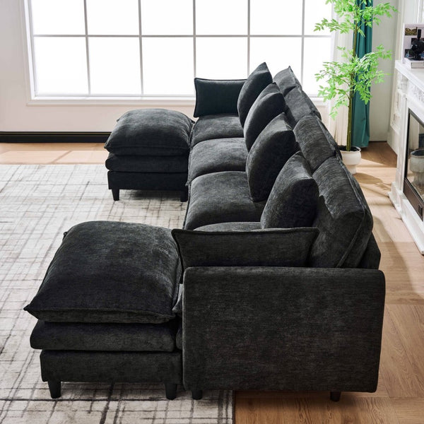 English Elm 140.9-inch U-shaped Modular Sectional Sofa with Ottomans Chenille Cloud Cushions Black W288S00030