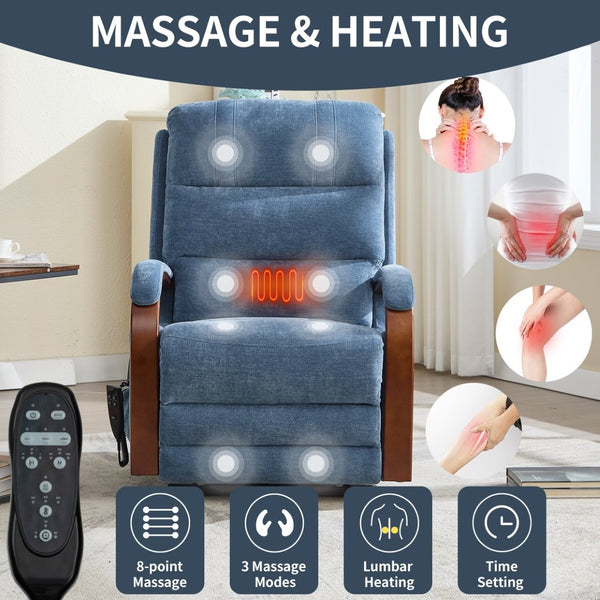 English Elm Power Lift Recliner Chair Chenille Upholstery Dual Motor Heat Massage Solid Wood Arms Blue W1803S00067