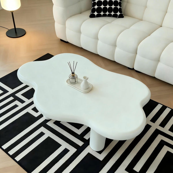 English Elm 40-inch Cloud Shaped Coffee Table Sculptural Mdf Top with Tapered Legs for Living Rooms White W3935S00003