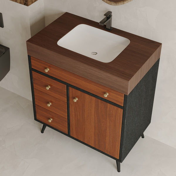 English Elm 29.9" Floating Bathroom Vanity Sintered Stone Top Soft Close Drawers Bronze Gold Hardware Brown,Walnut,White W3136S00045