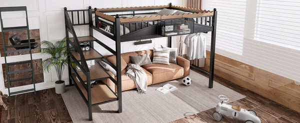 English Elm Full Size Metal Loft Bed with Stair Storage Shelves Bookshelf for Dorms Bedroom W1580S00378