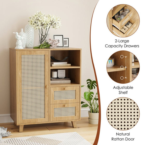 English Elm Rattan Cane Front Sideboard with Drawers Adjustable Shelf Bohemian Storage Cabinet Natural T3623P434728