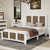 Farmhouse Wooden Full Size Platform Bed with Modern Strip Decoration, Plywood Slats, White