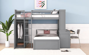 English Elm Full Twin Loft Bed with Desk Wardrobe Shelves Pine Wood Frame Kids Bedroom Gray LT000821AAE-1