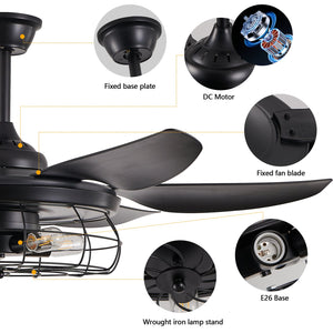 English Elm 52" Modern Black Ceiling Fan with Light Remote, 6-Blade Industrial Cage, Silent DC Motor, Reversible Speed W1340P272386