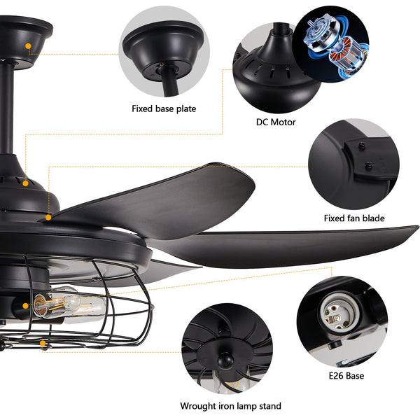 English Elm 52" Modern Black Ceiling Fan with Light Remote, 6-Blade Industrial Cage, Silent DC Motor, Reversible Speed W1340P272386