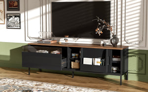 English Elm U-can Mid Century Walnut Media Console with Sliding Doors and Metal Frame for Living Rooms Black N724P360370B