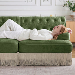 English Elm 4-seater Modular Sectional with Ottomans Tufted Fleece Sofa Tassel Skirt Retro Luxe Green W714S01714