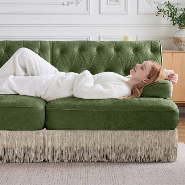 English Elm 4-seater Modular Sectional with Ottomans Tufted Fleece Sofa Tassel Skirt Retro Luxe Green W714S01714