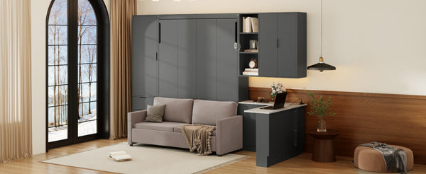 English Elm Queen Murphy Wall Bed Hydraulic Lift Velvet Sofa Built-in Shelves Led Studio Unit Dark Gray LP000392AAE