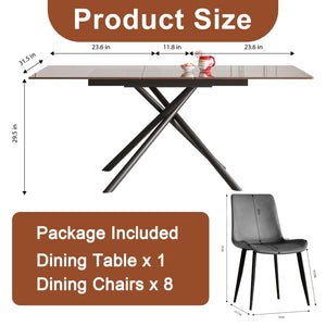 English Elm 59-inch Expandable Glass Top Dining Set Seats 8 with Upholstered Chairs X-base W2700S00083