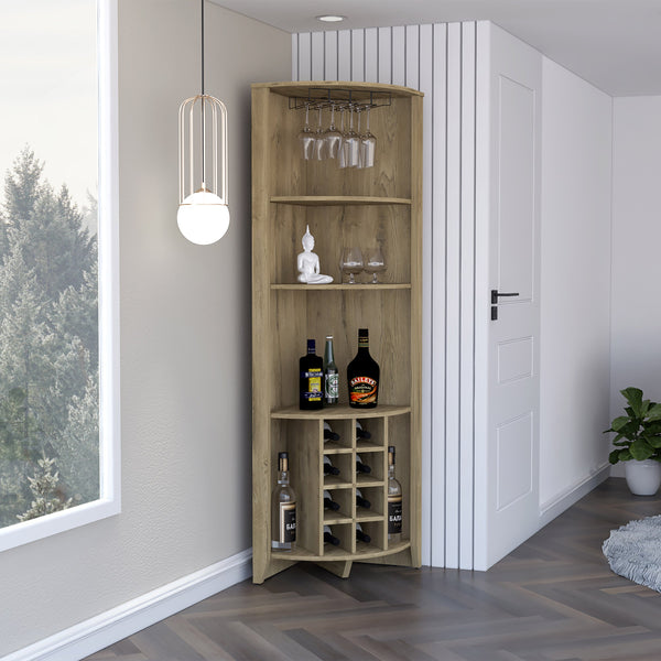 English Elm Essential Corner Bar Cabinet - Stylish Beige Storage With Wine Rack, 3 Shelves & Compact Design! B070S00331