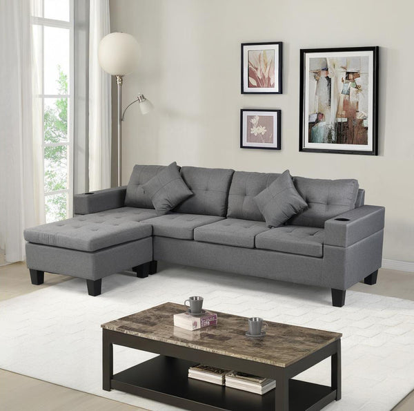 English Elm Sectional PU Sofa Set with L-Chaise, Built-In Cup Holders, Thick Foam Cushions, Modern 4-Seater Comfort Grey 69.69 L x 29.92 W x 12.99 H W2297S00015