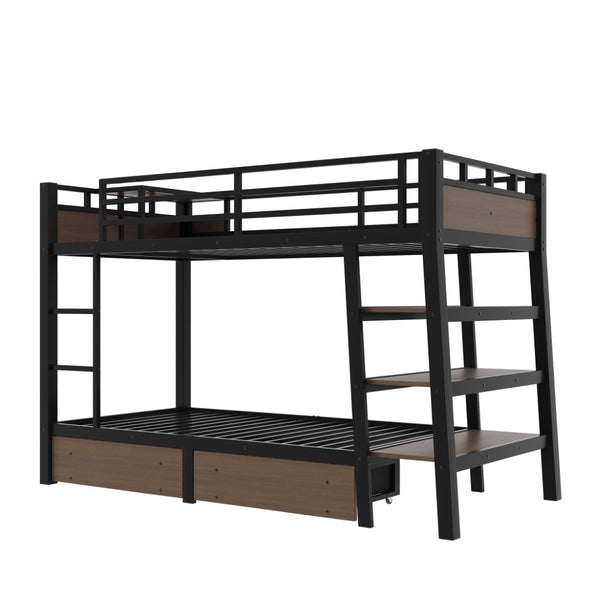 English Elm Full Size Metal Loft Bed with Stair Storage Shelves Bookshelf for Dorms Bedroom W1580S00346