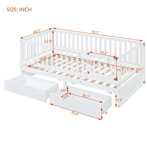 English Elm Twin Pinewood Daybed with Fence Guardrails Splits Into Two Floor Beds Storage White LP100881AAK