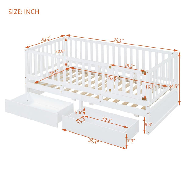English Elm Twin Pinewood Daybed with Fence Guardrails Splits Into Two Floor Beds Storage White LP100881AAK