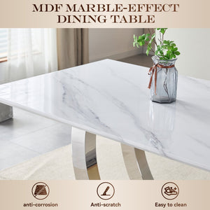 English Elm 69.30 Inch Rectangular Dining Table Marble Pattern Top with Polished Steel Legs Seats Six W3357S00003