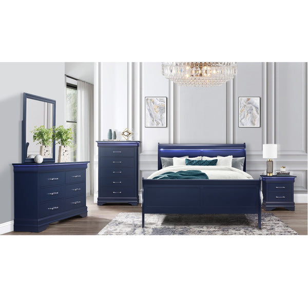 English Elm CHARLSTON Solid Wood Twin Bed with LED Lighting, Sleigh-Style Blue Finish, Transitional Design B201S00219
