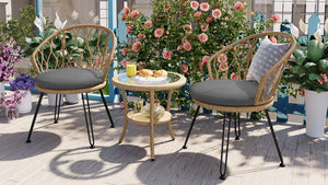 English Elm U_STYLE 2-Piece Rattan Patio Bistro Set with Tempered Glass Table and Plush Polyester Cushions for Outdoor Comfort Grey N711P256422E