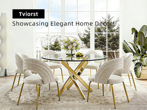English Elm Modern Round Tempered Glass Dining Table with Glam Gold Iron Base for Compact Spaces Golden W3590S00009