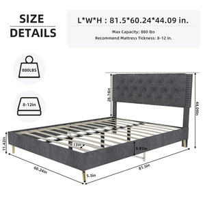 English Elm Velvet Tufted Queen Platform Bed Diamond Headboard for Elegant Master Bedroom W1935P361004