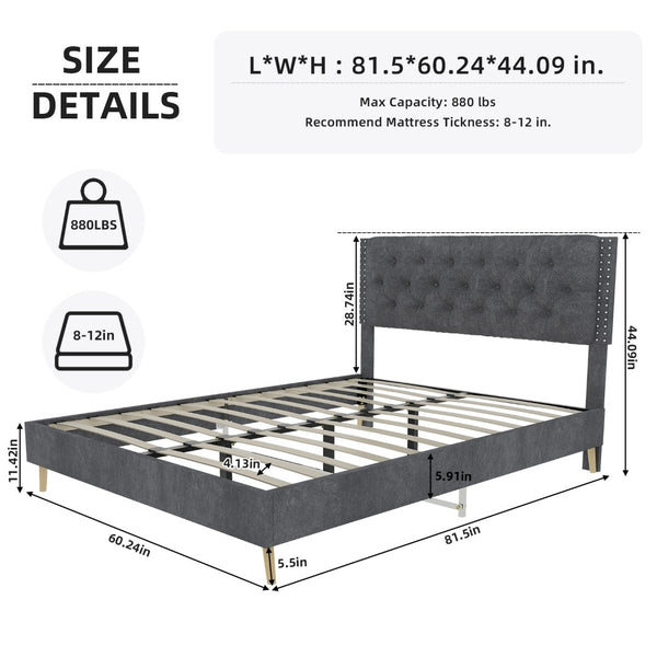 English Elm Velvet Tufted Queen Platform Bed Diamond Headboard for Elegant Master Bedroom W1935P361004