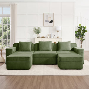 English Elm Modular U-Shape Sectional Sofa With Plush Corduroy Upholstery, Movable Ottomans & Cozy Pillows W3041S00333