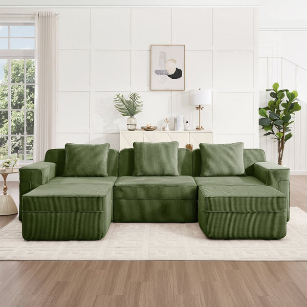 English Elm Modular U-Shape Sectional Sofa With Plush Corduroy Upholstery, Movable Ottomans & Cozy Pillows W3041S00333