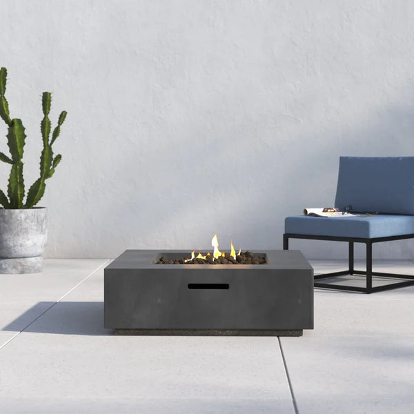 English Elm 12" Concrete Outdoor Fire Pit Table with Push-Button Ignition, Lava Rocks, Modern Low-Profile Design Charcoal B120P203715